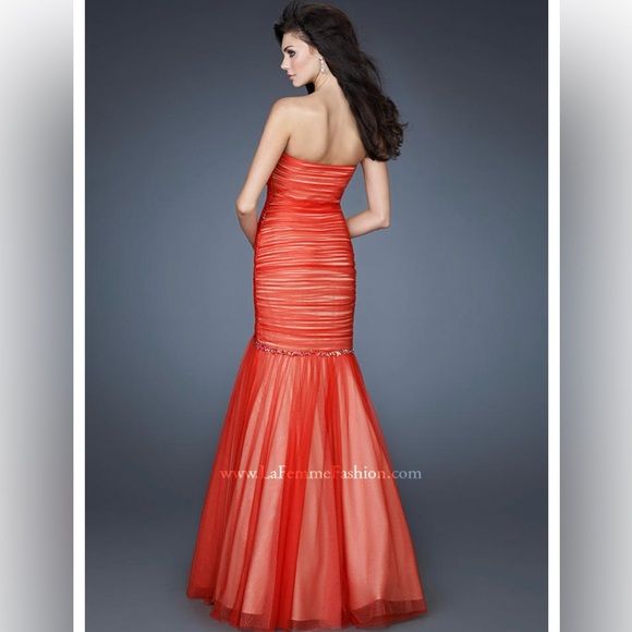 Like New La Femme Orange Sexy Red Strapless Rhinestone Gauze Chic Dress 2 - Picture 3 of 16